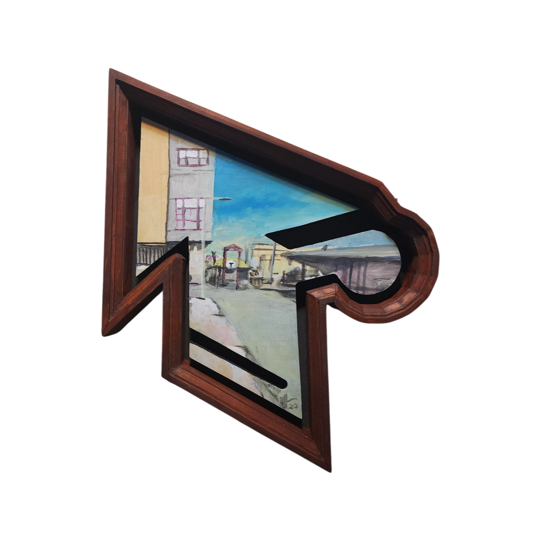 “Nubian Station”  size 20”H x 15”W x 3”D - “2020” medium - acrylic on shaped panel, stained wooden frame.